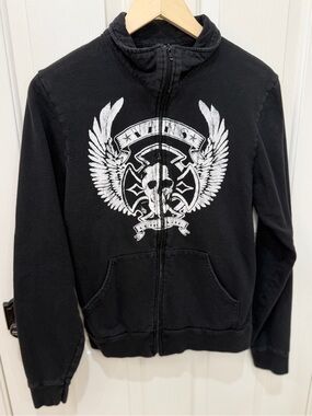 VANS VINTAGE Black Zip-Up Hoodie with White Winged Skull Graphic